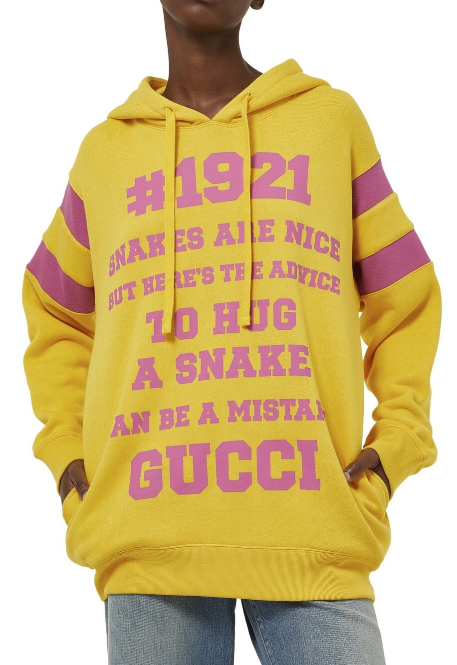 Gucci 1921 Snake Print Oversized Hoodie Yellow Cotton Pullover Sweatshirt XXS